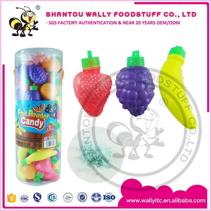 Different Fruity Flavors Powder Candy In Fruit Shape Bottle